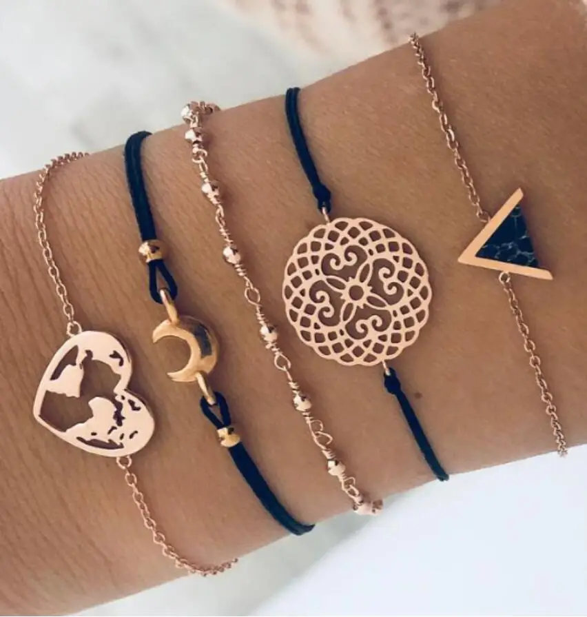 

2019 new triangle black pine stone love map hand rope bracelet five set