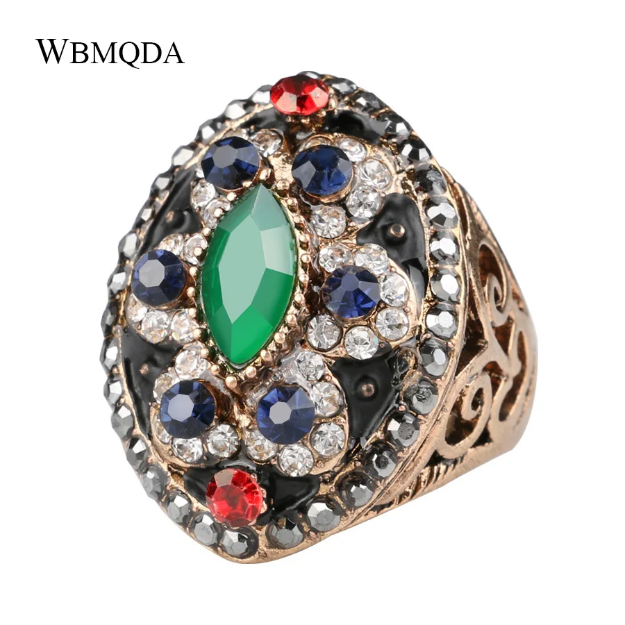 

Luxury Boho Indian Stone Crystal Ring Vintage Big Antique Gold Statement Wedding Rings For Women Fashion Turkish Jewelry 2018