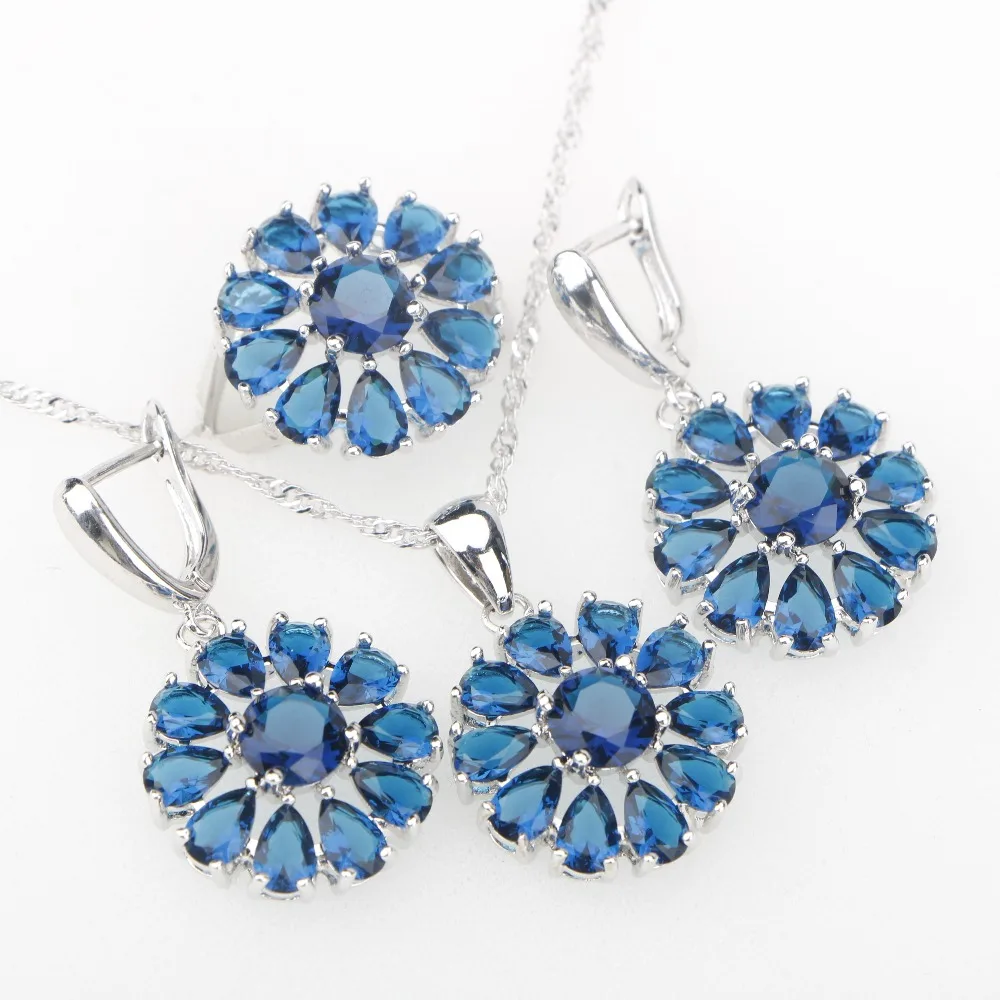 

Blue CZ Silver 925 Costume Jewelry Sets Decorations For Women Earrings Rings Pendant Necklace Free Gift Box Free Shipping