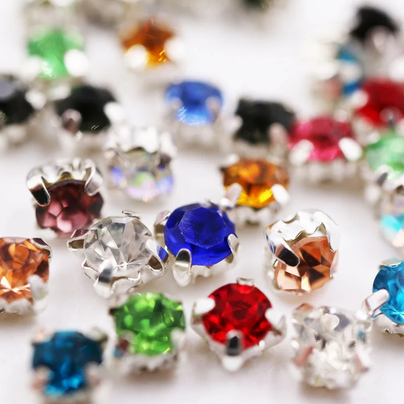

Free shipping Mix color 4mm/5mm/6mm/7mm/8mm Silver bottom round shape sew on rhinestones with holes diy/clothing accessories