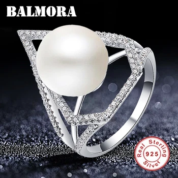 

BALMORA 100% Real 925 Sterling Silver Simulated-pearl Geometric Rings for Women Gift Plating Fashion Jewelry Anillos JWSR2930
