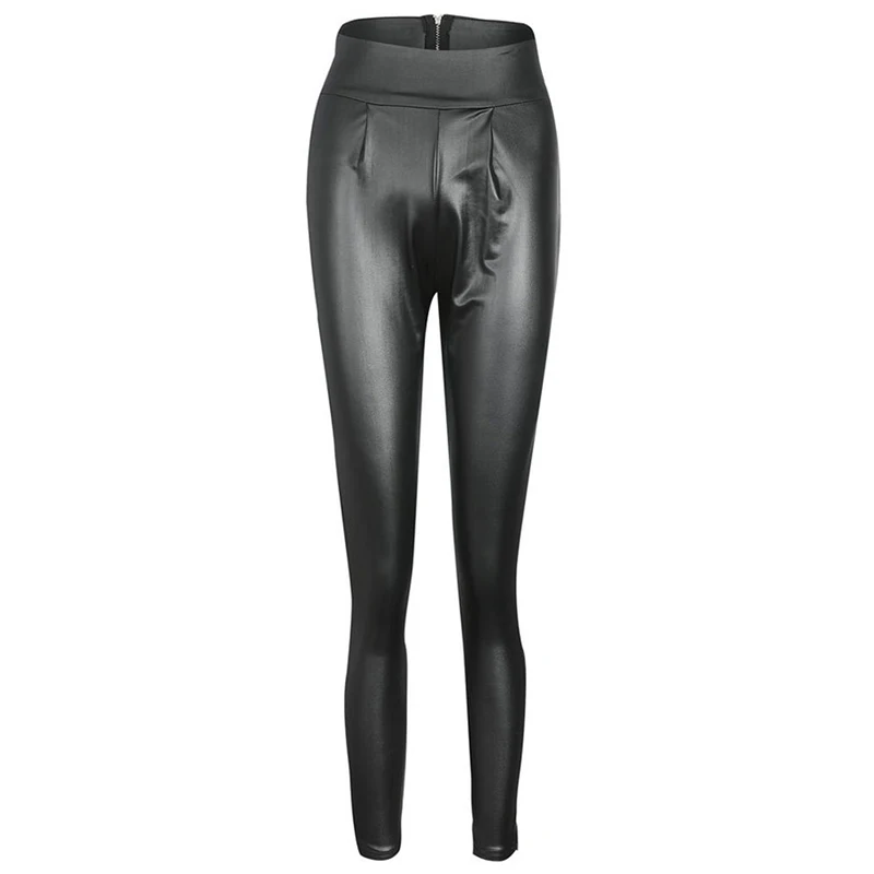 Женские узкие брюки-карандаш с высокой талией, кожаные брюки с молнией сзади Chaparajos, атласные леггинсы, Женская офисная одежда, слаксы, уличная одежда - Цвет: Черный