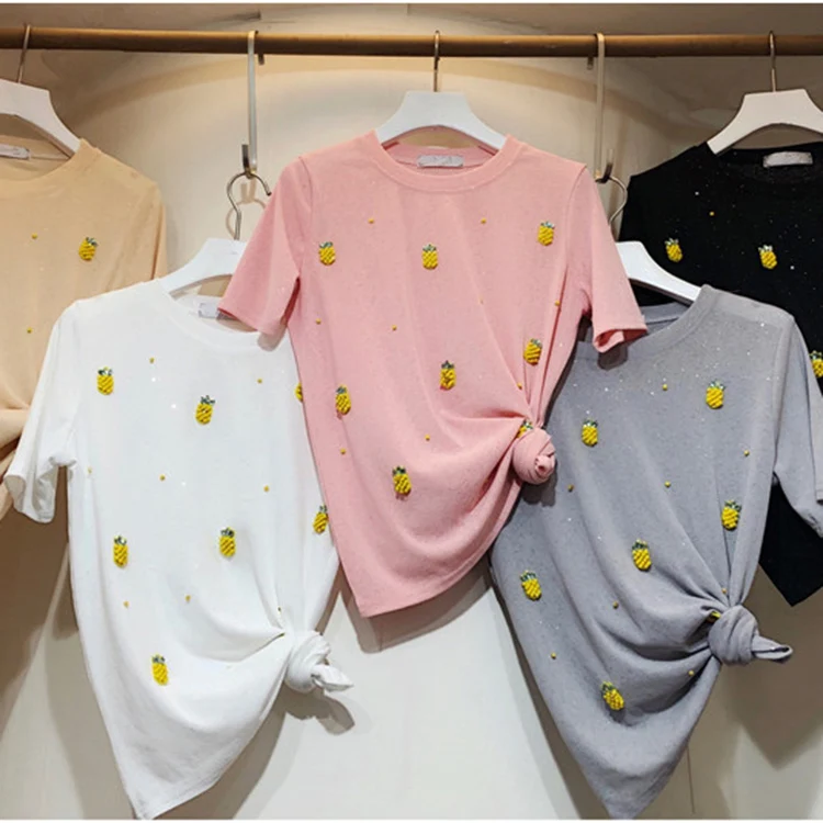 

New sequins nail bead light small pineapple figure T shirt unlined upper garment of compassionate female students