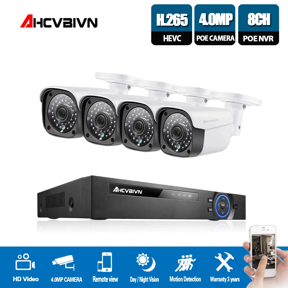 H.265 8CH 4CH 5MP CCTV NVR IP Камера Системы 4 шт 4mp Водонепроницаемый комплект видеонаблюдения PoE 48 V комплект камер видеонаблюдения обнаружения