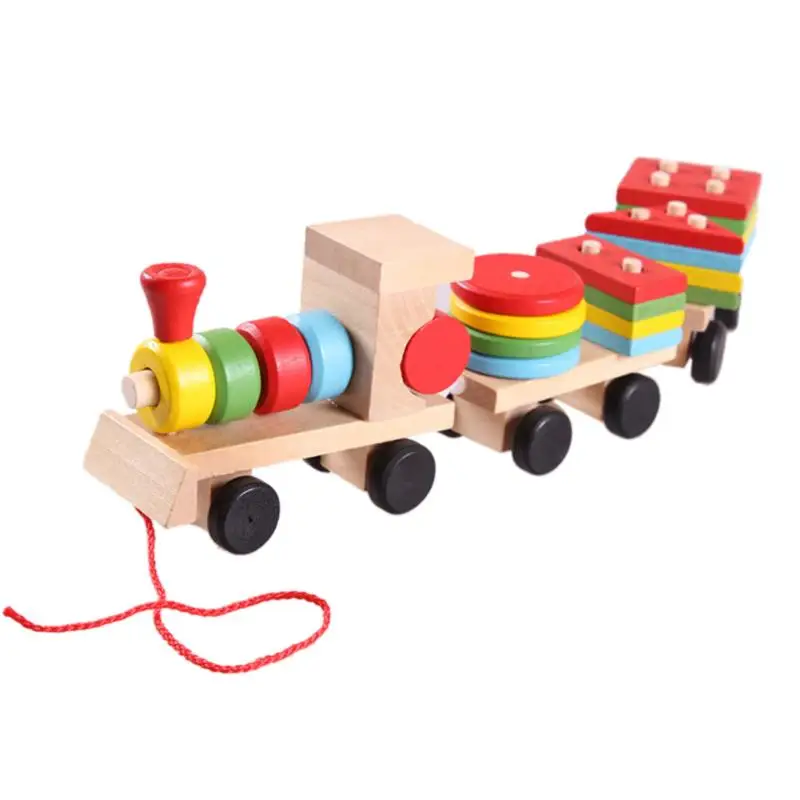 

Kid Baby Solid Stacking Wooden Train Toddler Block Toy Fun Vehicle Block Board Game Toy Educational Toy for Children