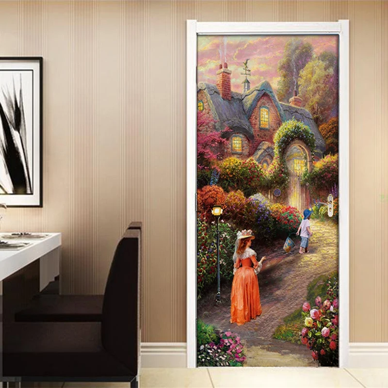3D ПВХ водостойкие самоклеящиеся двери наклейки Европейский сад вилла картина маслом наклейки на стену, плакат домашний декор двери обои