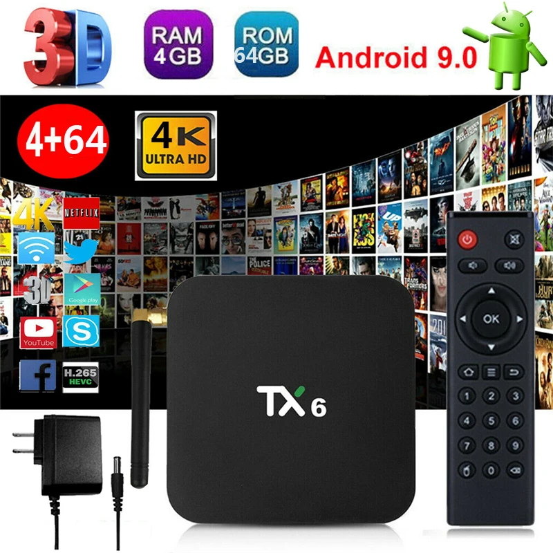 TX6 Smart tv Box 4 Гб ram + 64 ГБ rom HD телеприставка Android 9,0 Bluetooth 4 K четырехъядерный WiFi домашний аудио медиа BT 4,1 US UK Plug