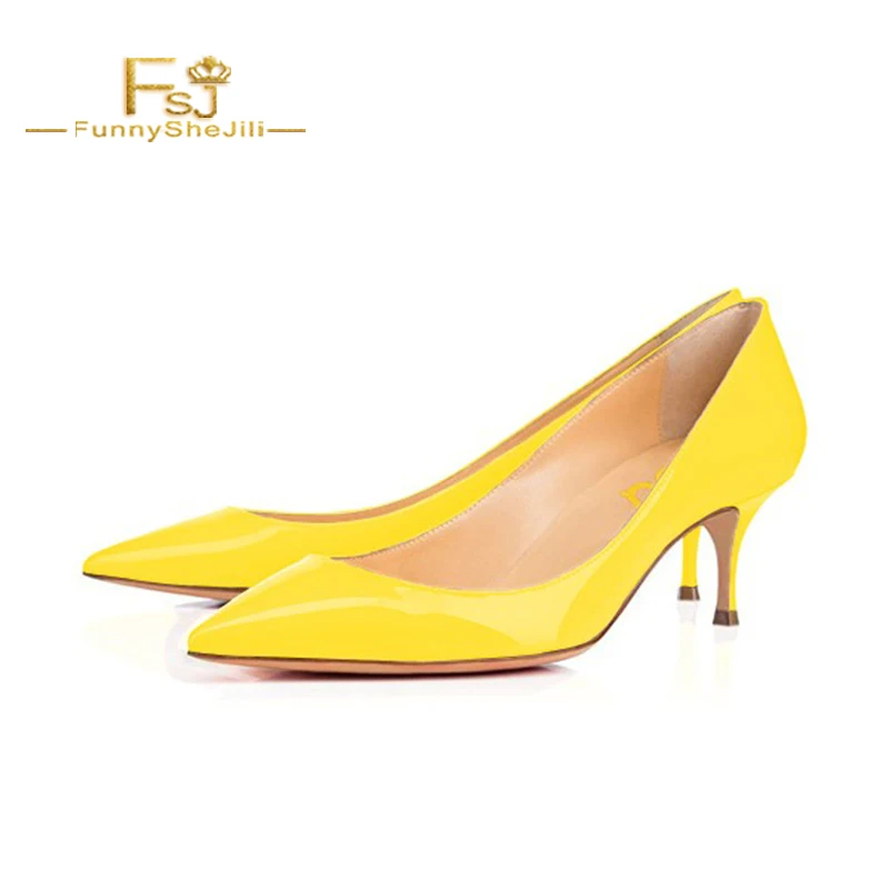 Woman Pumps Yellow Kitten Heels Patent Leather Pointy Toe Pumps Office
