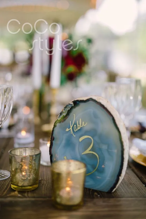 

Cocostyles bespoke exquisite stander agate table card with gold foiling hand writing for calligrapher wedding party invitations