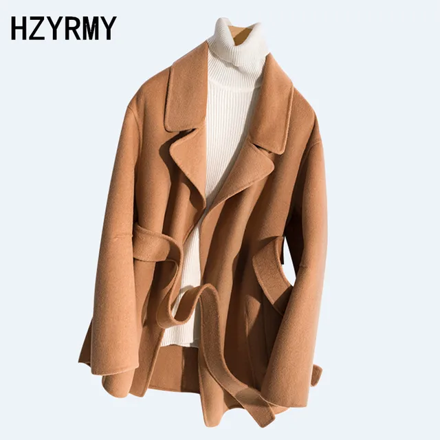 HZYRMY Autumn New Women's Cashmere Double-Faced Woolen coat Solid color Lacing Loose Winter Warm Thick Wool Fabric Female Coat 