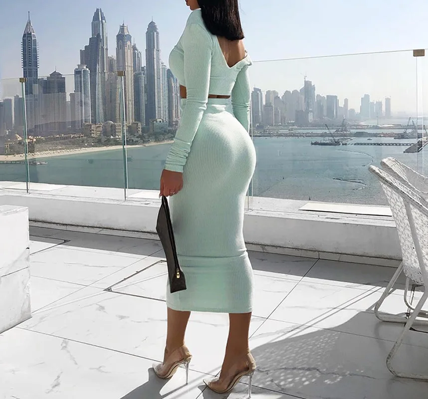 

Cotton Slim Step Skirt Two-Piece Dress Set 2019 New Fashion Knitted Deep V Short Tops And Slim Long Dress Two Piece Dress Sets