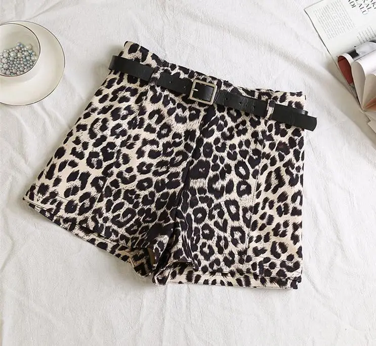 Women Winter High Waist Leopard Shorts With Belt Wide Leg Winter Shorts Korean Thick Shorts with Sashes Bottoms