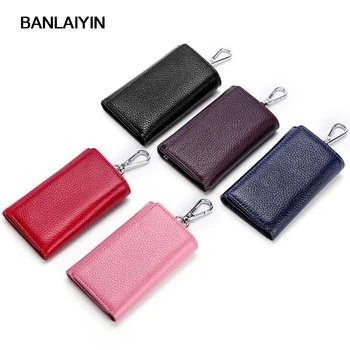 

Women Men Genuine Leather Key Wallets Three Fold Key Purse Car Key Holders 4 Ring Buckle Key Case Housekeeper Holder
