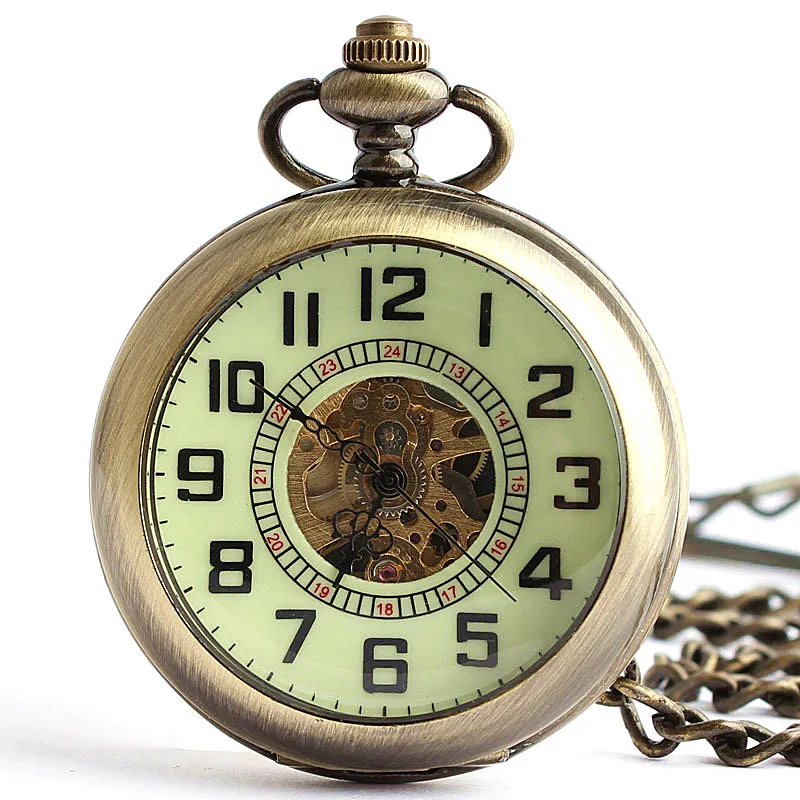 

Vintage Bronze Open Face Automatic Mechanical Pocket Watch Roman Numerals Clock Time With Chain Fob Watches Gift PJX1397