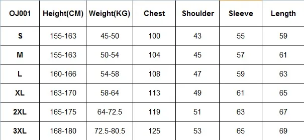 OJ001 Size Chart