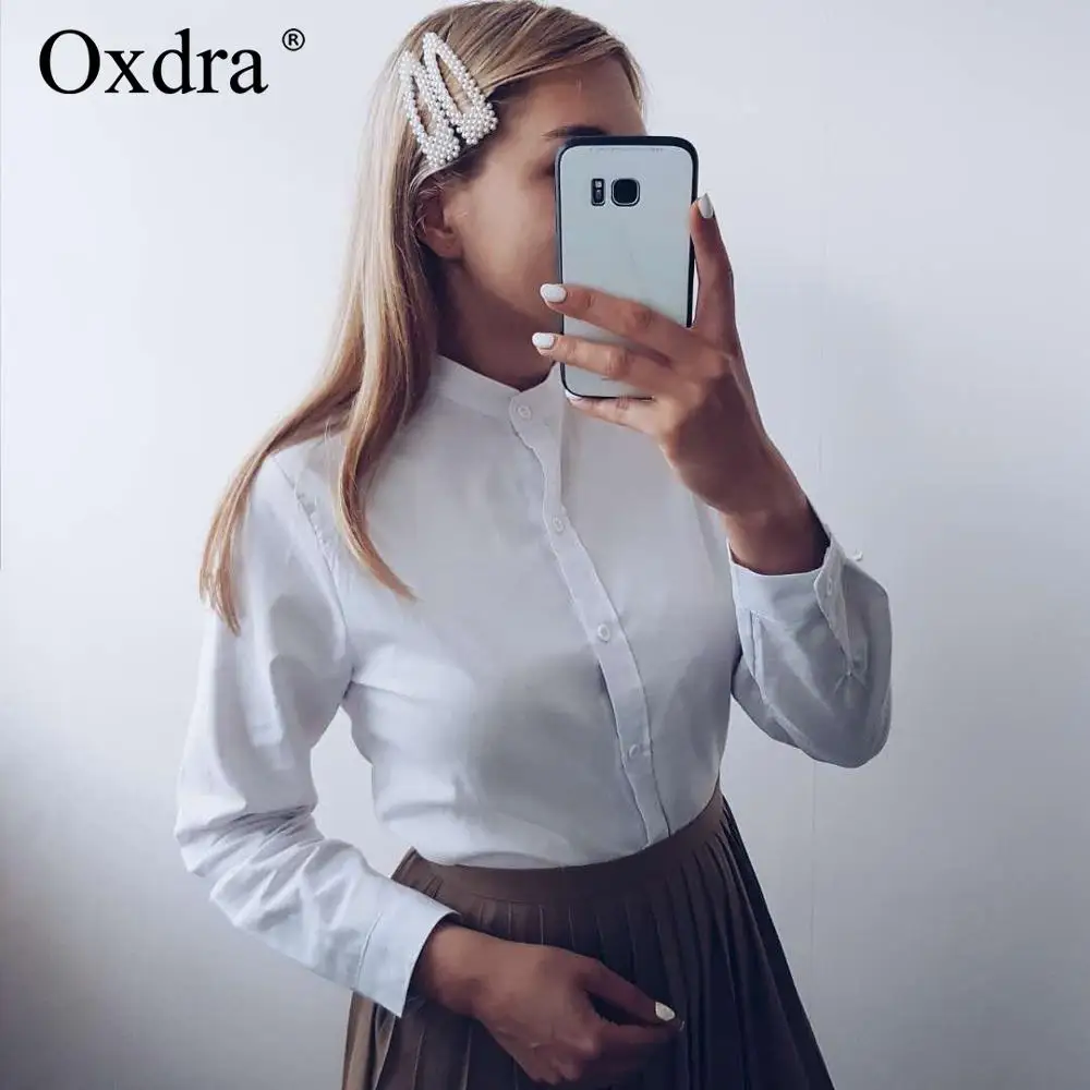 

Oxdra 2019 New Hot Womens Solid Cotton Blouse Long Sleeve Stand Collar All Base Match Blouses Spring Autumn Classic Tops