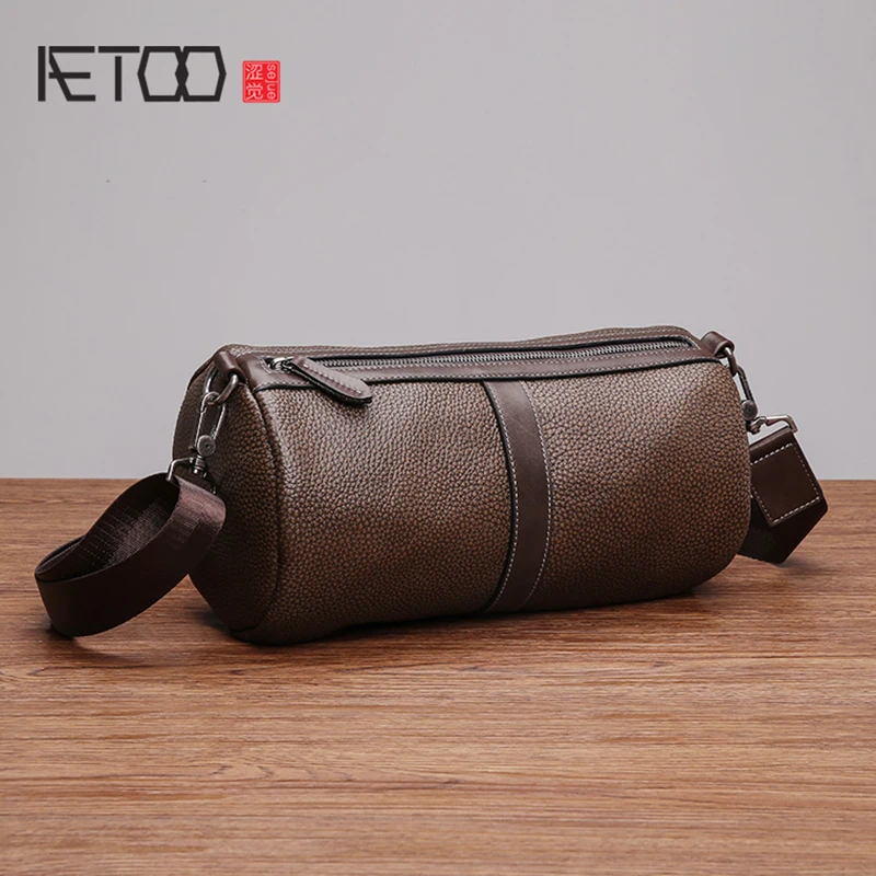 

BJYL Single shoulder bag male leather oblique cross bag casual men's bag cylindrical head cowhide cylinder bag