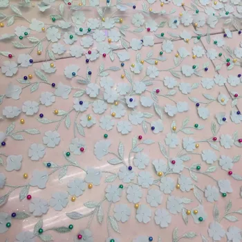 

3D Flowers Blue Green Beaded French Lace Fabrics High Quality Beaded Lace Fabric Beautiful Applique Nigerian Lace Fabric Wedding