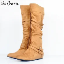 Обувь на плоской подошве с Для женщин ботинки плюс Размеры Туфли с ремешком и пряжкой длина до колена, на молнии Для женщин ботинки Botas De Mujer, высокие каблуки круглым носком, свадебные туфли из флока, Для женщин s зимние сапоги