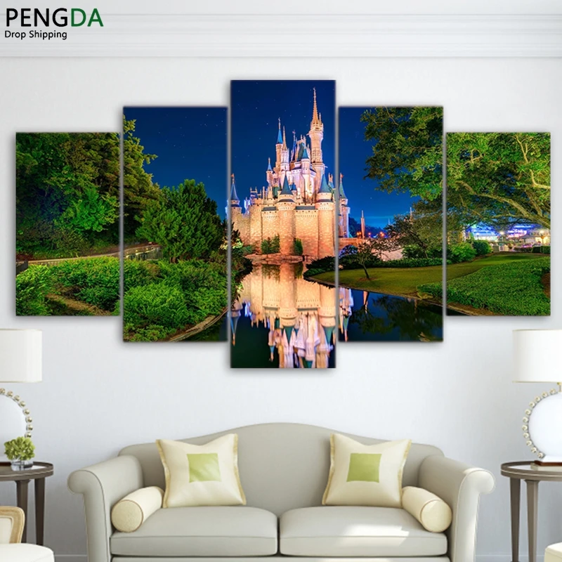 

Abstract Canvas Painting Wall Art Poster Modular Anime World Pictures Frame 5 Pieces Cinderella Castles Home Decor Photo PENGDA