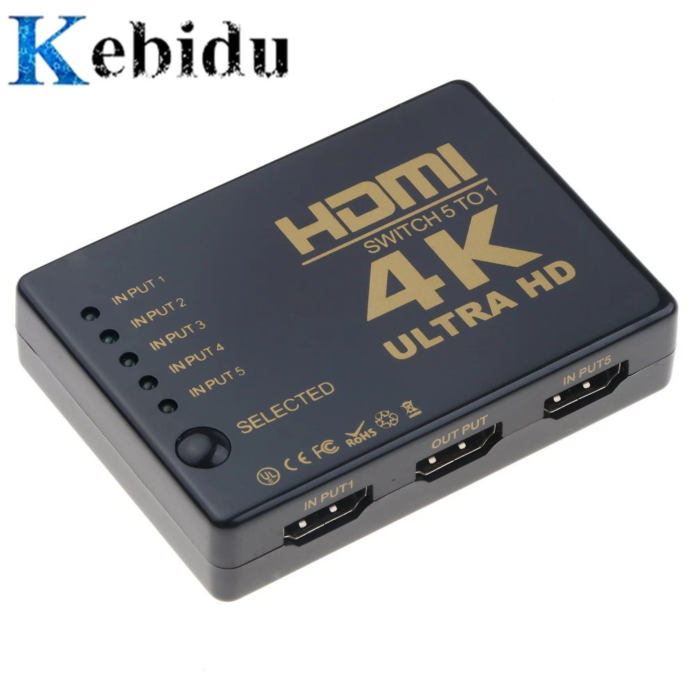 

kebidu 5 Port Mini HDMI Switch HDMI Splitter 5 IN 1 Switcher Box Selector 3D Format with IR Remote Control for PS3 HD DVD TV