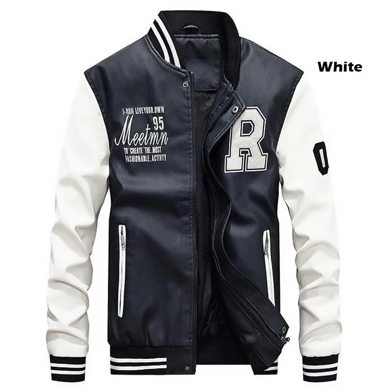 White Wish103 Новинка, мужская куртка из искусственной кожи, брендовая бейсбольная куртка с вышивкой, мужская повседневная Роскошная зимняя теплая флисовая куртка-пилот - Цвет: White Wish103