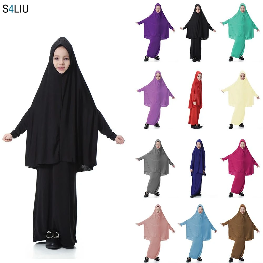 Muslim Girls Dress Islam Long Hijab Abaya Kids 2 Piece Sets Prayer Kaftan Jilbab