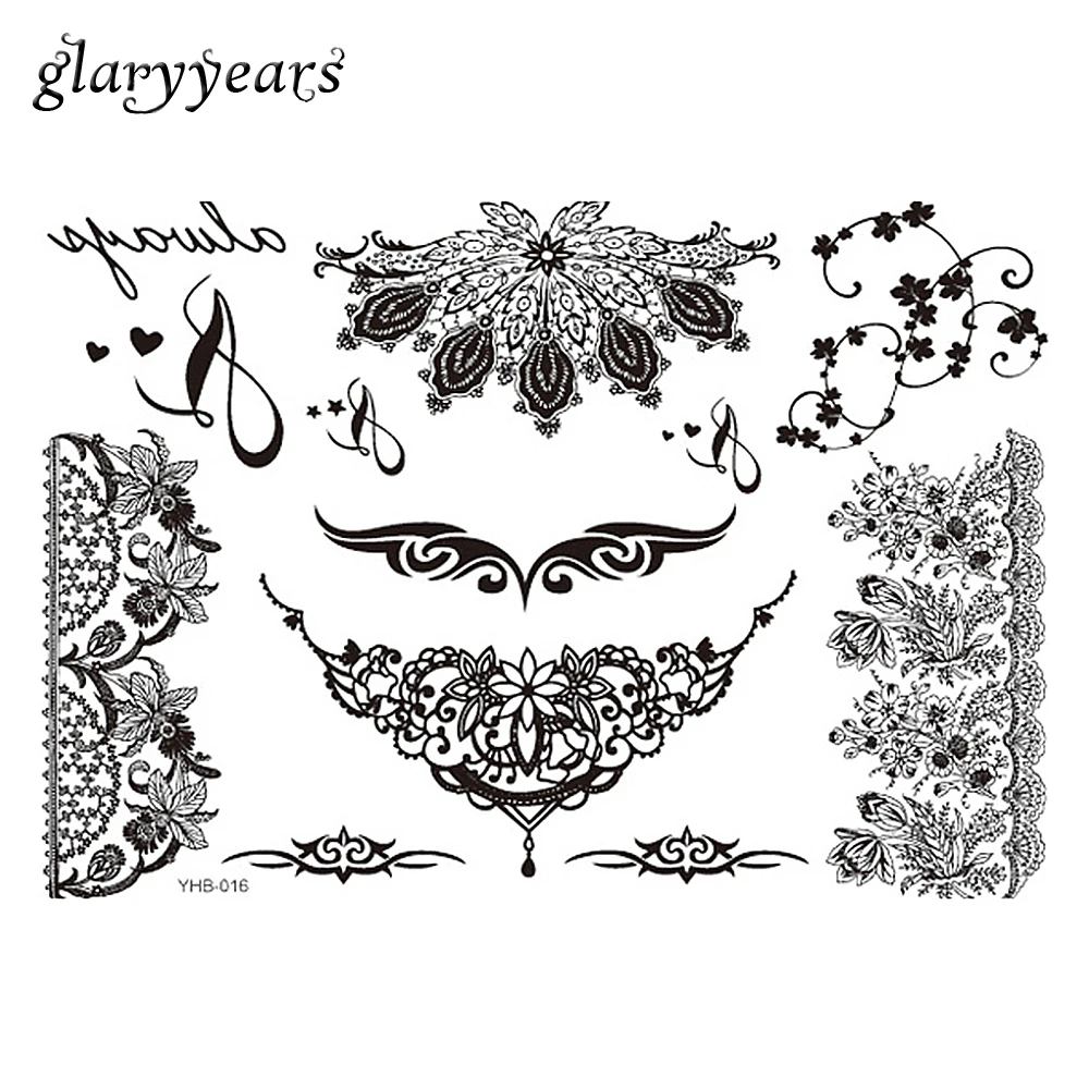 

New 1 Piece Sexy Black Henna Flower Lace Women Tattoo Sticker BYHB-016 India Arabic Body Choker Jewelry Pattern Temporary Tattoo
