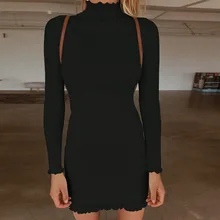 Sexy Solid Color Turtleneck Skinny Mini Dress Women Fall Winter Keep Warm Long Sleeve Slim Pencil Cotton Sweater Dress Vestidos skinny turtleneck mini sweater dress