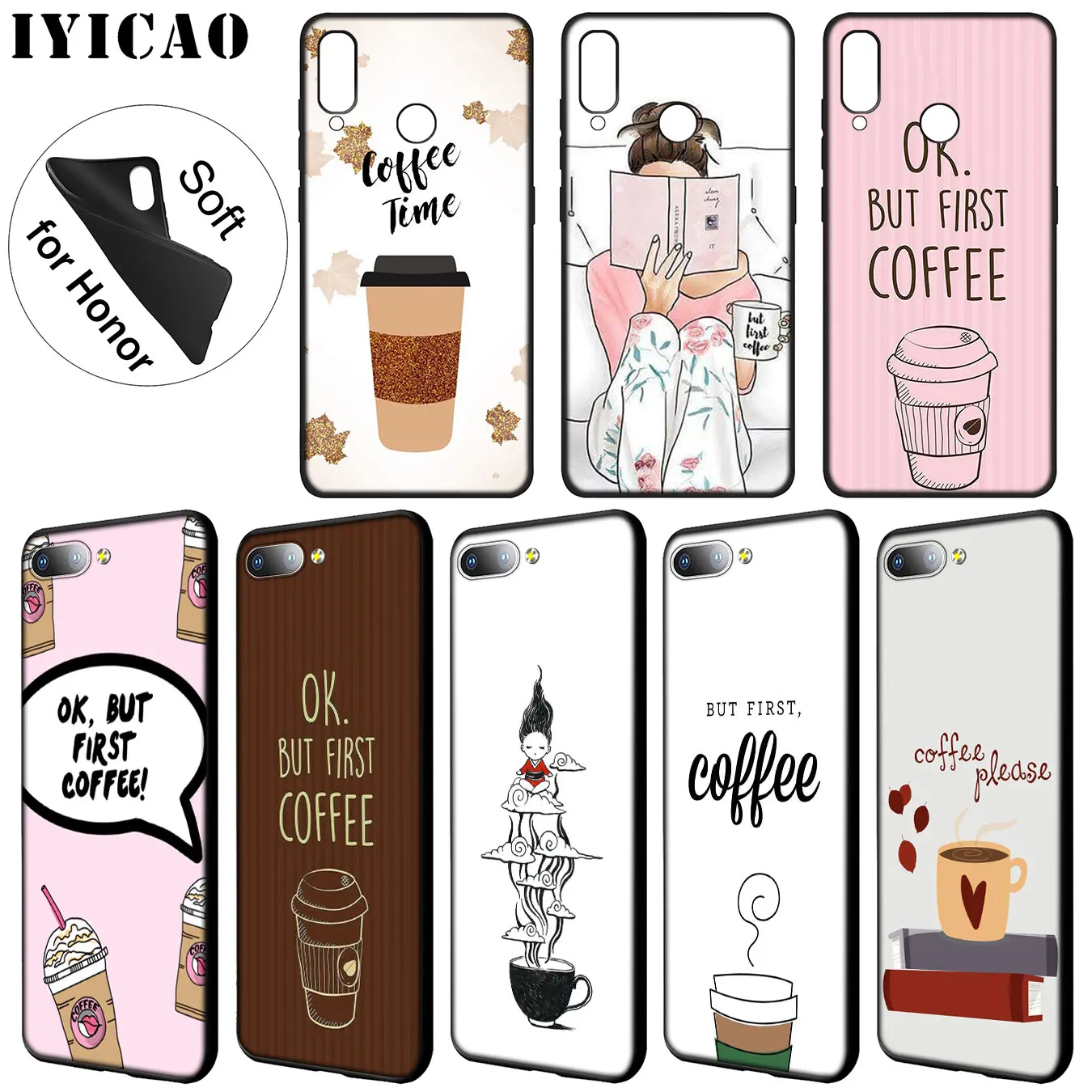 

IYICAO Ok But First Coffee Book Girl Soft Case for Huawei Y9 Y7 Y6 Prime 2019 Honor 20 8C 8X 8 9 9X 10 Lite 7C 7X 7A Pro