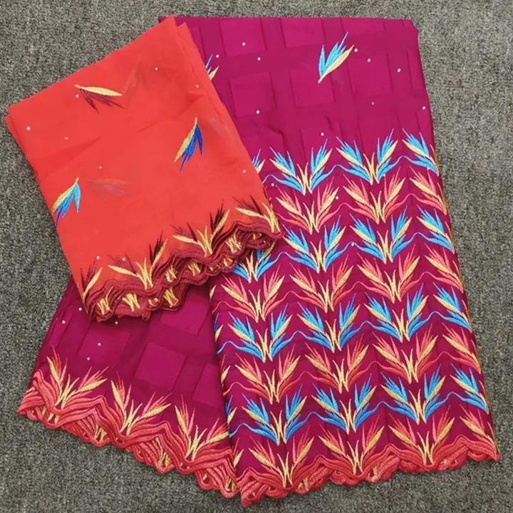 

5Yards New fashion fuchsia african cotton fabric with flower embroidery and 2yards french red net lace set for dress HC10-1