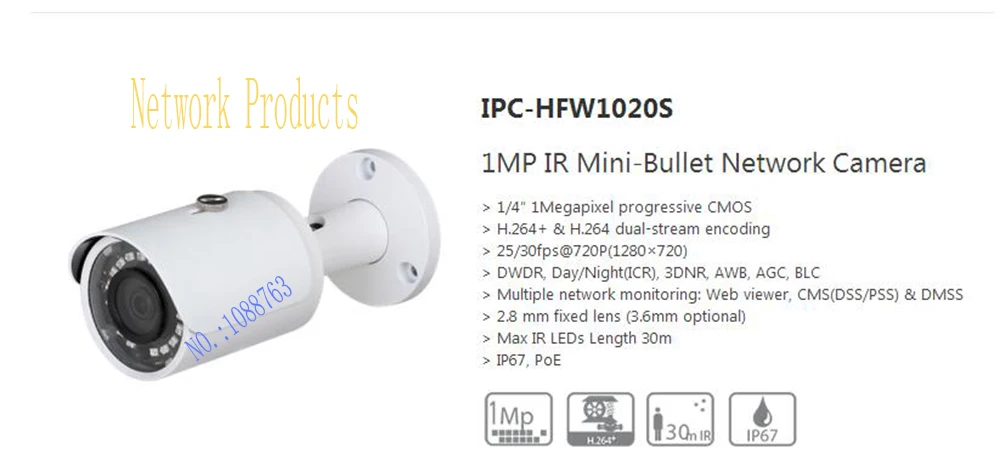 

In Stock Free Shipping DAHUA Security IP Camera 1MP IR Mini-Bullet Network Camera IP67 With PoE Without Logo IPC-HFW1020S