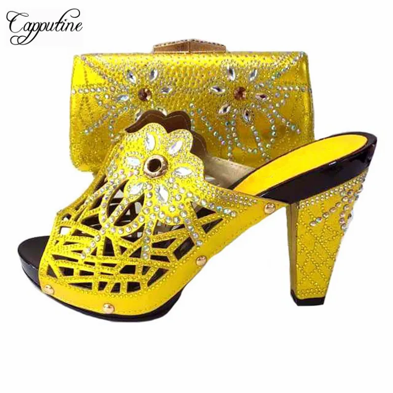 Capputine New Arrival African Shoes With Matching Bags Italian PU With Rhinestones Shoes And Bags Set For Party Size 37-43