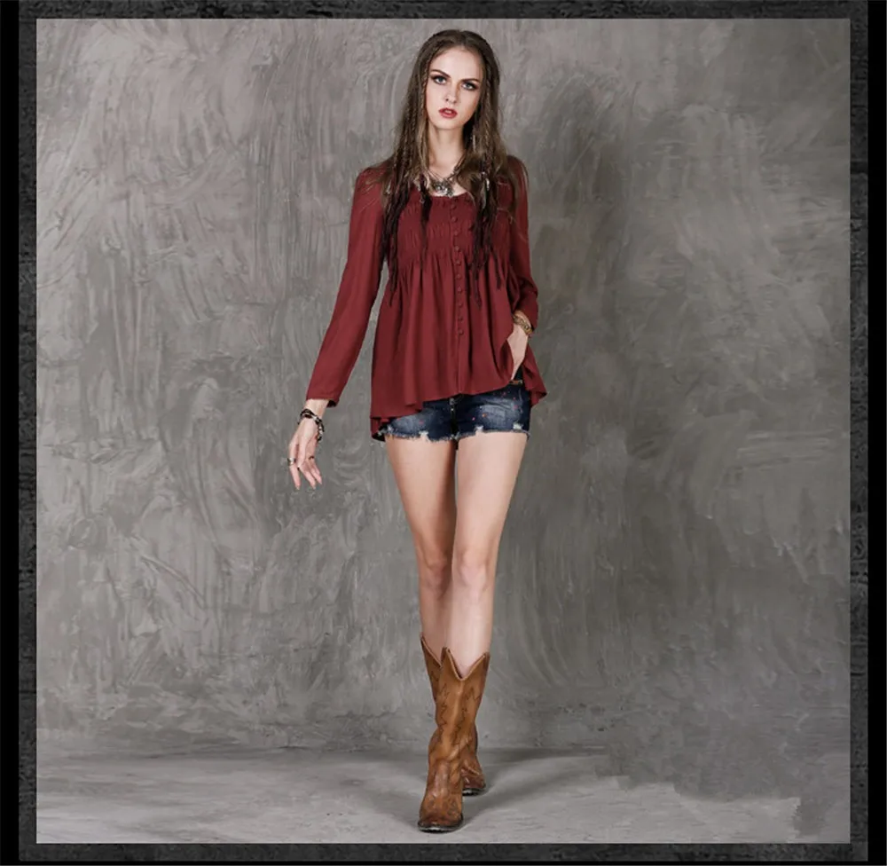 Vintage Draped Women Blouse Boho New Cotton Basic Blouse Women's Shirt Tops O-Neck Long Sleeve Single Breasted Pleated Shirt  (10)