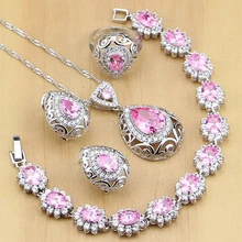 Панк Розовый CZ принцесса 925 пробы Серебряные Ювелирные наборы для женщин Висячие серьги кулон кольцо браслет ожерелье набор