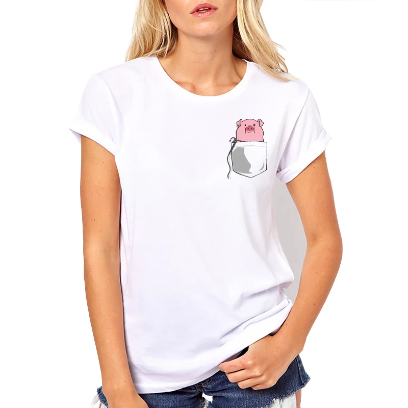 

New Fashion print t-shirt Pocket Soul mate Fashion white Comfortable Tops New Summer T-Shirt women Summer Shirt Cute little pig