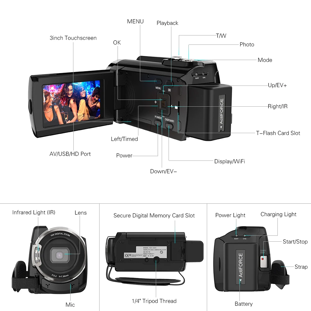 Цифровая видеокамера Andoer 4K 48 МП Wi Fi 1080P Full HD Novatek 96660 чип 3 дюйма сенсорная