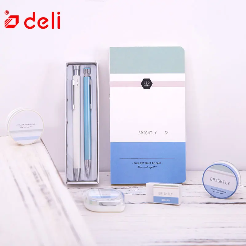 

Deli 7pcs stationery set student writing gel pen pencil notebook eraser correction tape two rolls of washi tape learning kits