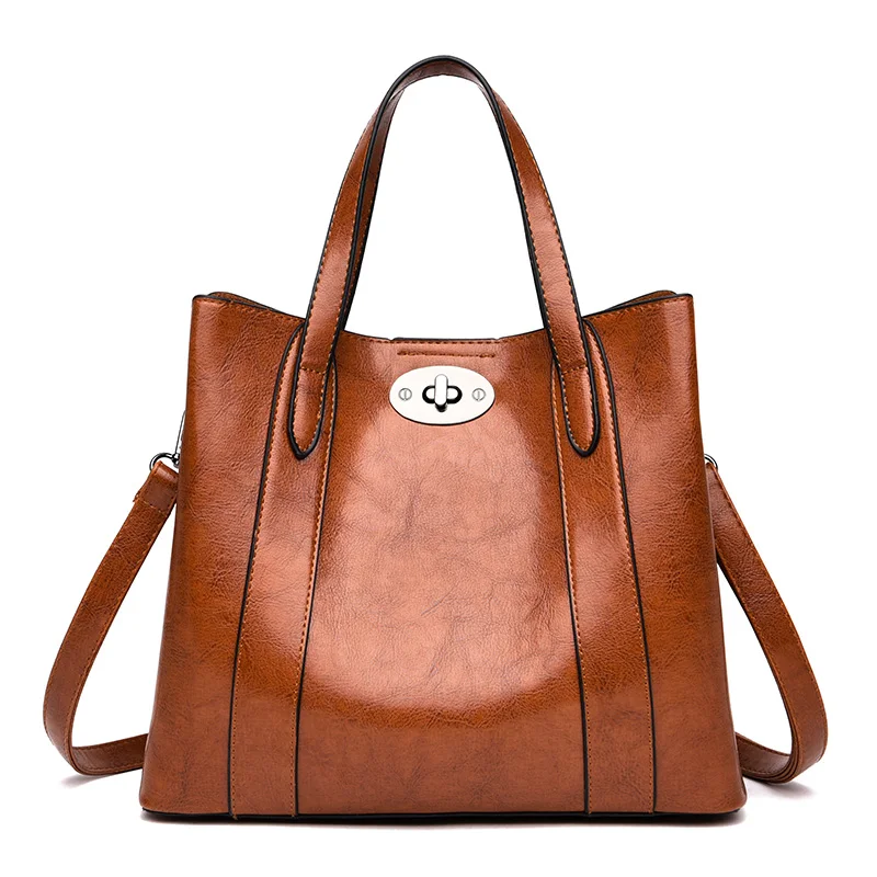 Сумки на плечо для женщин, Сумка с верхней ручкой, масло, воск, кожа, сплошной цвет, простой стиль, сумки, женская сумка через плечо, Женская Повседневная сумка - Цвет: Brown