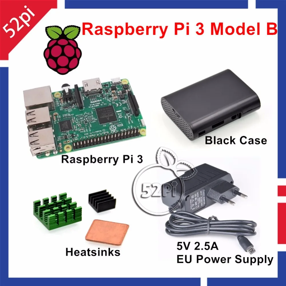 

52Pi Raspberry Pi 3 Starter Kit with Raspberry Pi 3 Model B + 5V 2.5A EU/US/UK Power Supply + Heatsinks + ABS Black Case