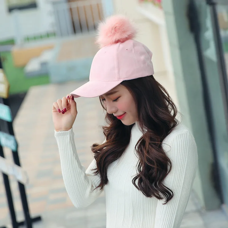 Зимняя розовая замшевая бейсболка с помпоном, Женская Осенняя Повседневная Уличная Черная кепка, элегантная женская кепка