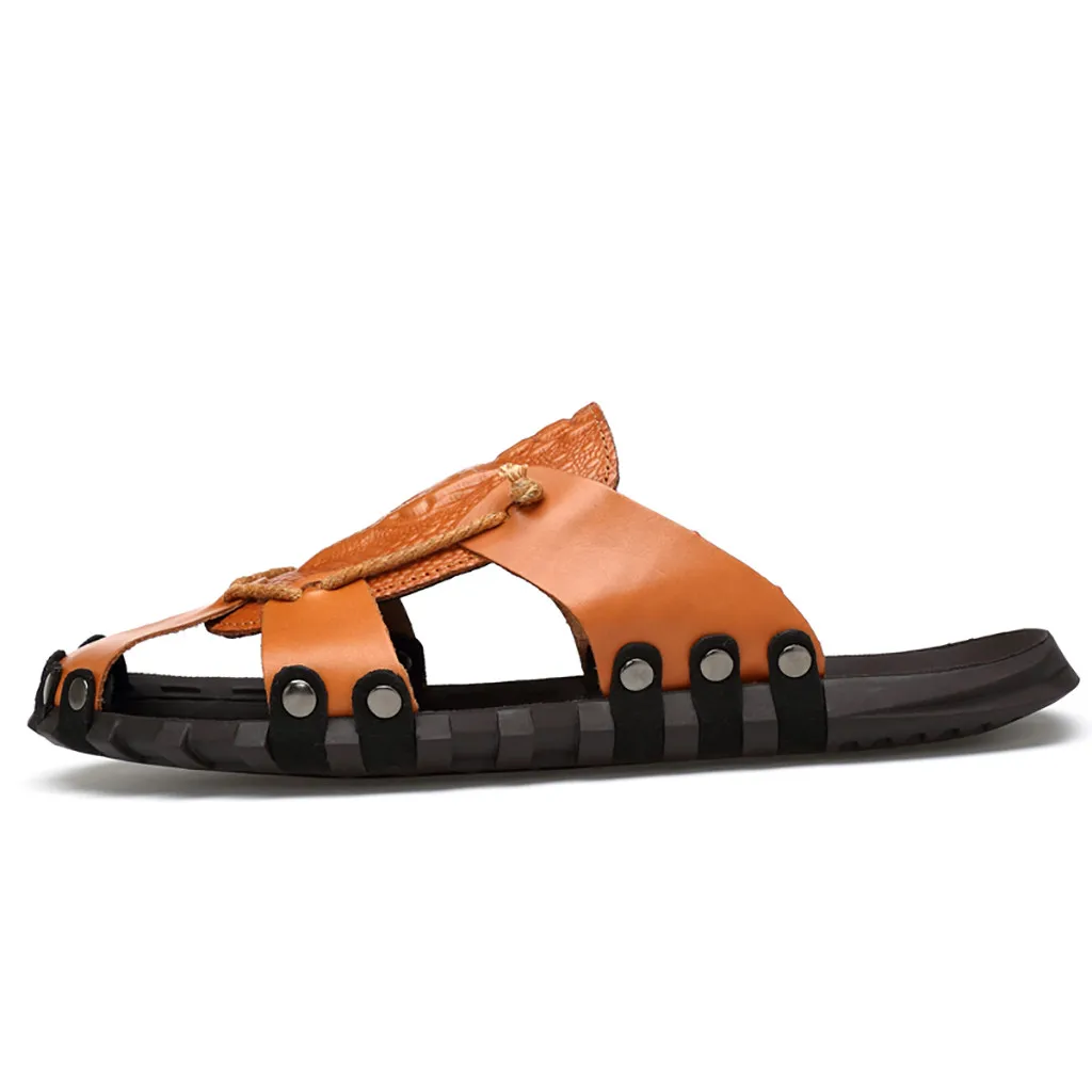SAGACE Mens Slippers Outdoor Summer Flat Breathable Beach Slippers PU Leather Slides Hollow Out Mens Shoes Size 38-46