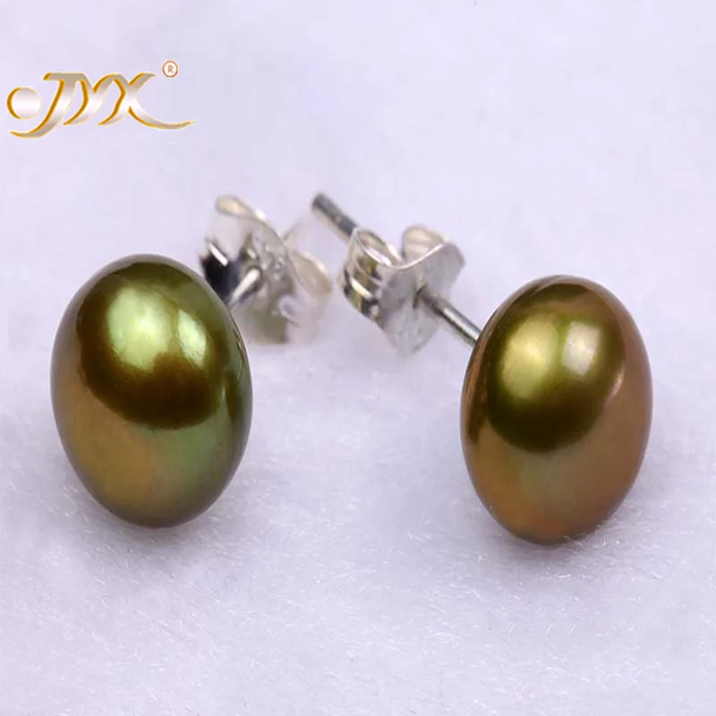 

JYX Stud Earring Silver 925 7-8mm Natural Peacock Green Freshwater Pearl Earrings Round Pearl Stud Earrings Fine 100% Real - AAA