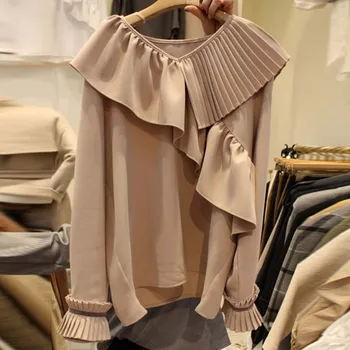 

NiceMix 2019 Autumn Lotus Leaf Edge Stitching Asymmetric Shirts Long Sleeve Blouse Office Lady Ruffles Butterfly Sleeve Chiffon