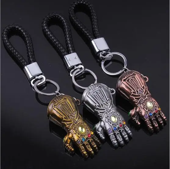 

50pcs/lot Marvel Avengers 4 Thanos Infinity Glove Keychain With Leather Rope Gauntlet Keyring Iron Man Glove Key Chain Mixorder