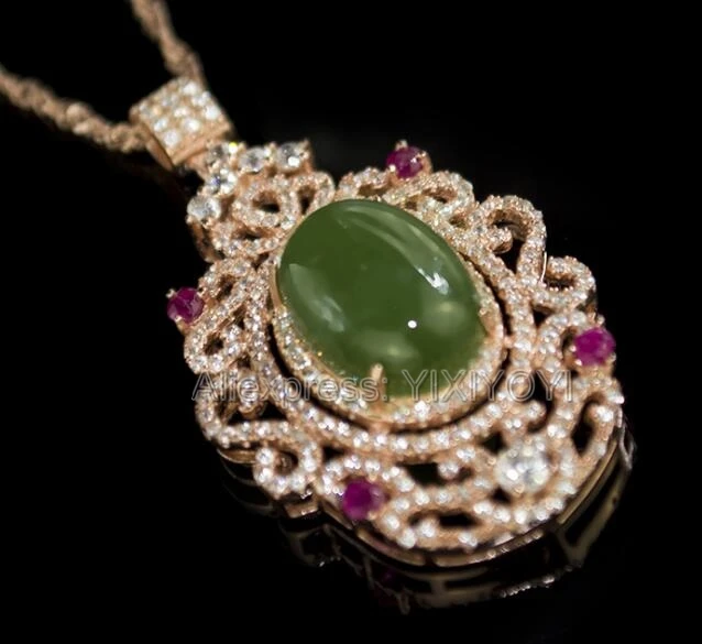 

925 Sterling Silver Green HeTian Jade Inlay Hollow Flower Design Lucky Pendant + Chain Necklace Fine Jewelry Charm Girl's Gift