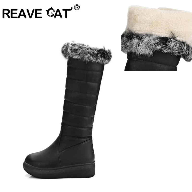 REAVE CAT Snow boots Fashion PU Leather Boots Mid Calf Thick Fur Shoes