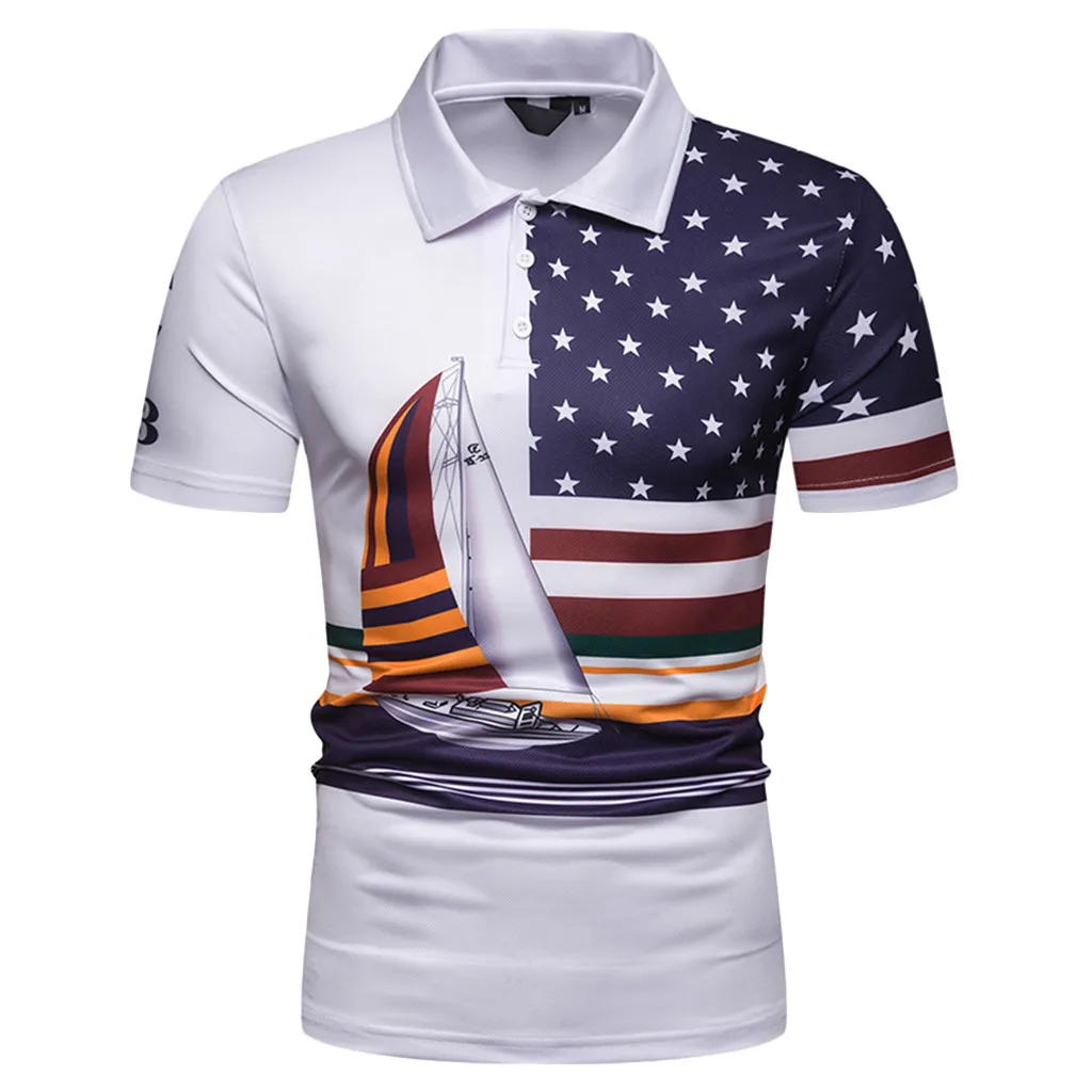 

2019 Summer Brand Men‘s Polo Shirt Short Sleeve Slim Fit Patchwork Painting sailboat USA flag Clothing Men Polo T-Shirts