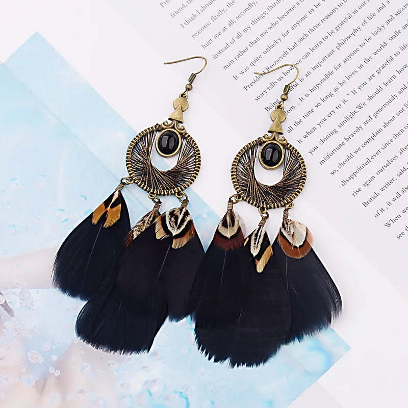 

TopHanqi Fashion Black Feather Tassel Earrings Women Handmade Alloy Charms Elegant Earrings Wedding Party Jewelry Accessories
