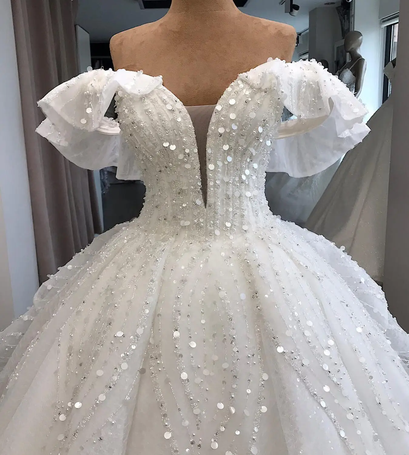 Vestido De Novia с открытыми плечами, расшитое бисером свадебное платье, сексуальное свадебное платье с v-образным вырезом, подгонянное свадебное платье с открытой спиной